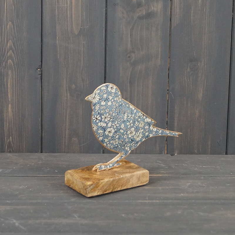 Blue Metal Bird on Wooden Base (15cm) detail page